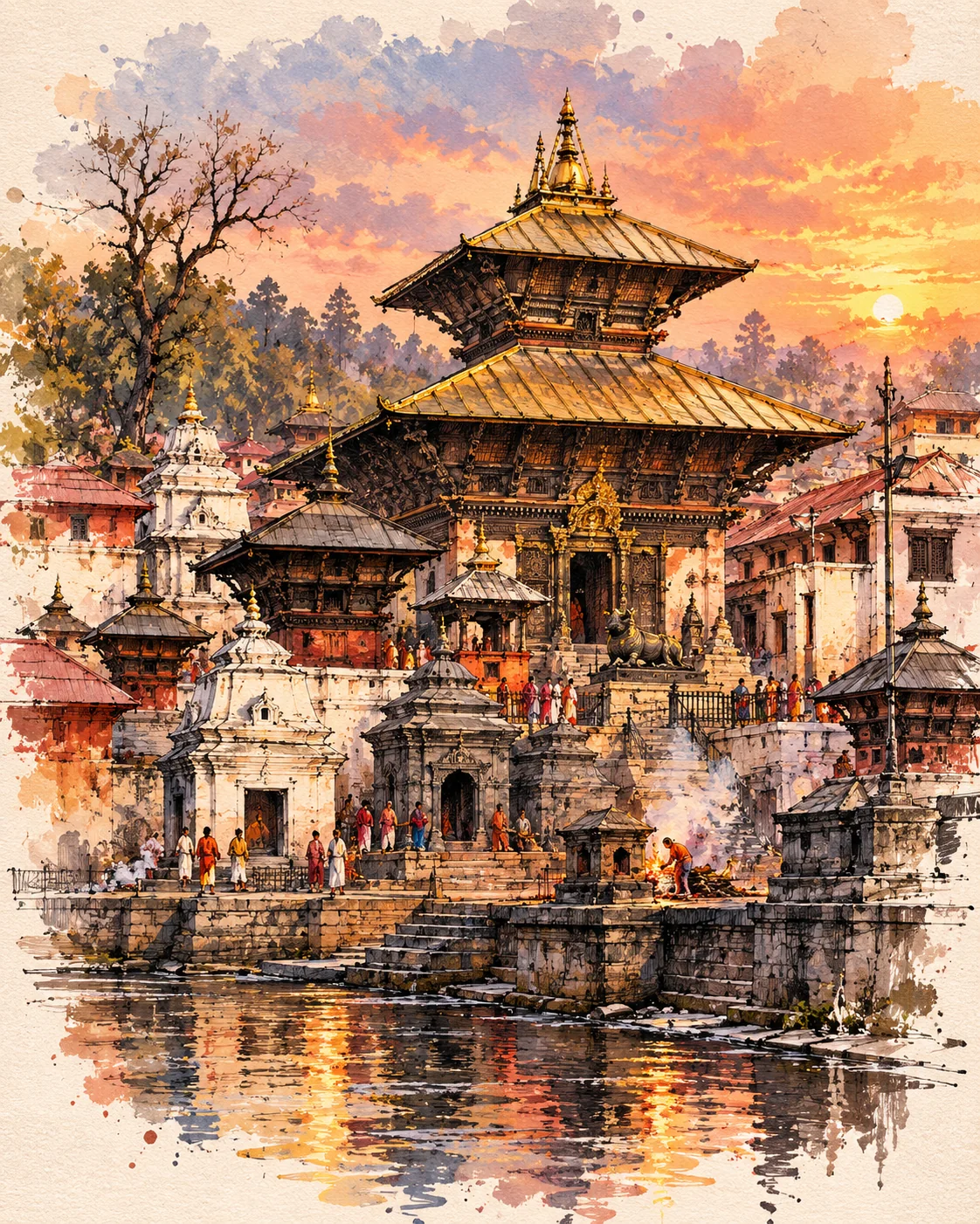 Watercolour of Pashupatinath temple at sunset, its golden roofs above the Bagmati ghats